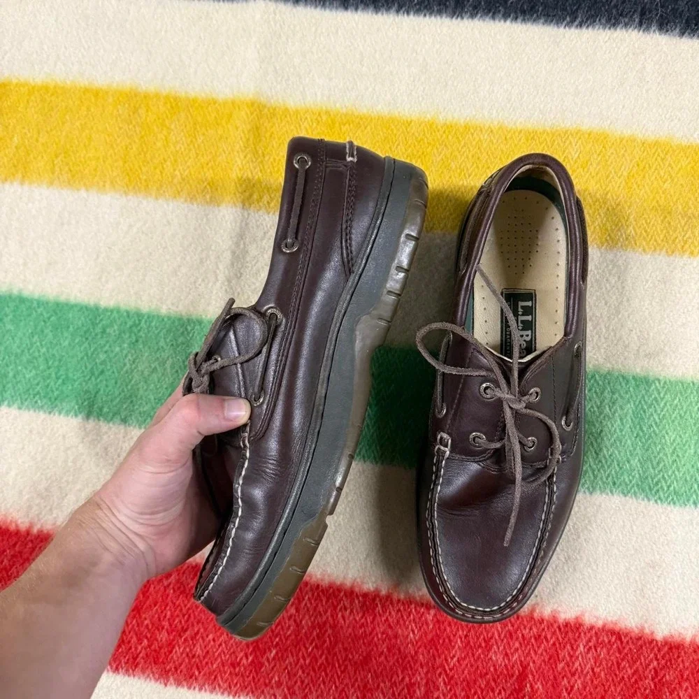 Vintage LL Bean Boat Shoes Mens 9 Brown Leather Nautical Deck Shoes